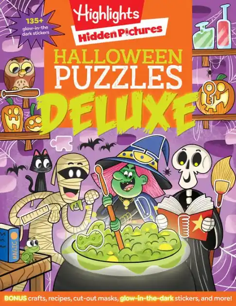 Holiday Sale Halloween Puzzles Deluxe: Jumbo Halloween Gift for Kids with Seek and Find Puzzles, Over 600 Hidden Objects, 135 Glow-in-the-Dark Stickers, Recipes and Crafts