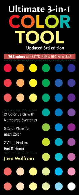 Ultimate 3-in-1 Color Tool, Updated 3rd Edition: - 24 Color Cards with Numbered Swatches - 5 Color Plans for each Color - 2 Value Finders Red & Green - 816 Colors with CMYK, RGB & HEX Formula High Quality
